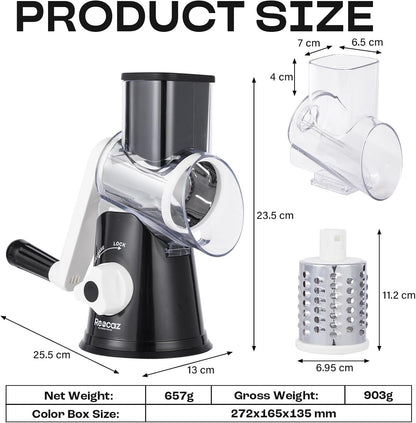 Rotary Cheese Grater Hand Crank - Cheese Shredder Hand Crank with Handle, Vegetable Shredder with 3 Stainless Steel Blades & Strong Suction Base – Round Slicer & Food Chopper for Kitchen