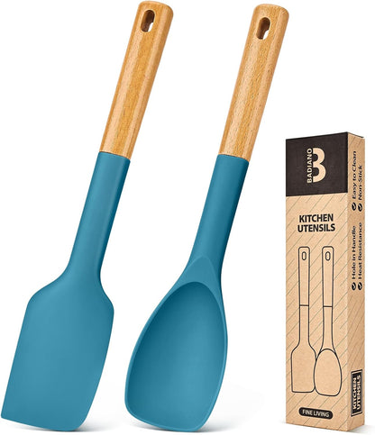 Silicone Spatula and Spoonula Set, Great For Stirring, Tough Mixing and Folding, Sturdy Bpa-Free Matte Silicone, Wooden Handle Rubber Scraper For Nonstick Cookwares (Grey)