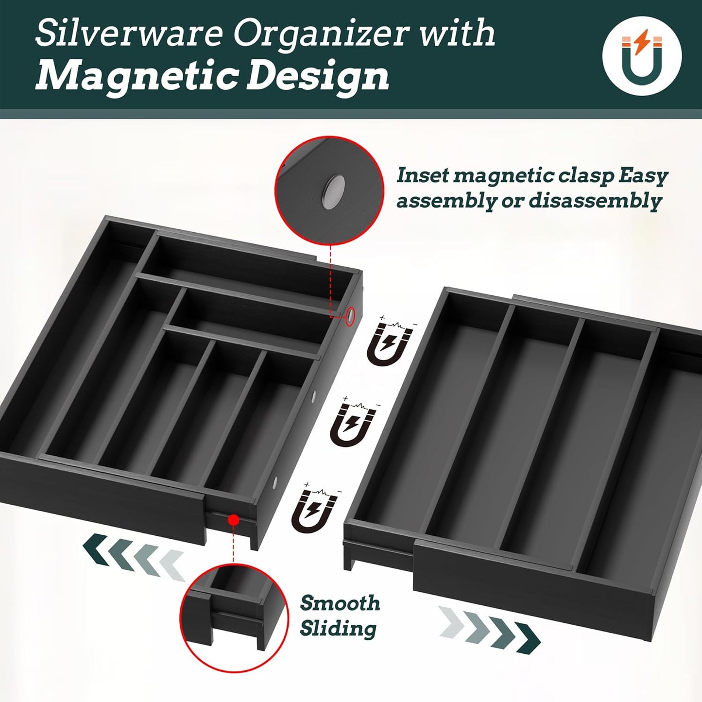Silverware Organizer Large, Magnetic Connected Expandable 13 Slots Silverware Drawer Organizer From 21 to 37.4 Inches, Adjustable Flatware and Cutlery Holder, Bamboo Utensil Tray for Kitchen Black