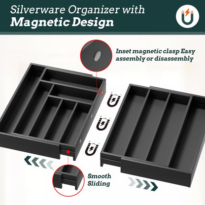 Silverware Organizer Large, Magnetic Connected Expandable 13 Slots Silverware Drawer Organizer From 21 to 37.4 Inches, Adjustable Flatware and Cutlery Holder, Bamboo Utensil Tray for Kitchen Black