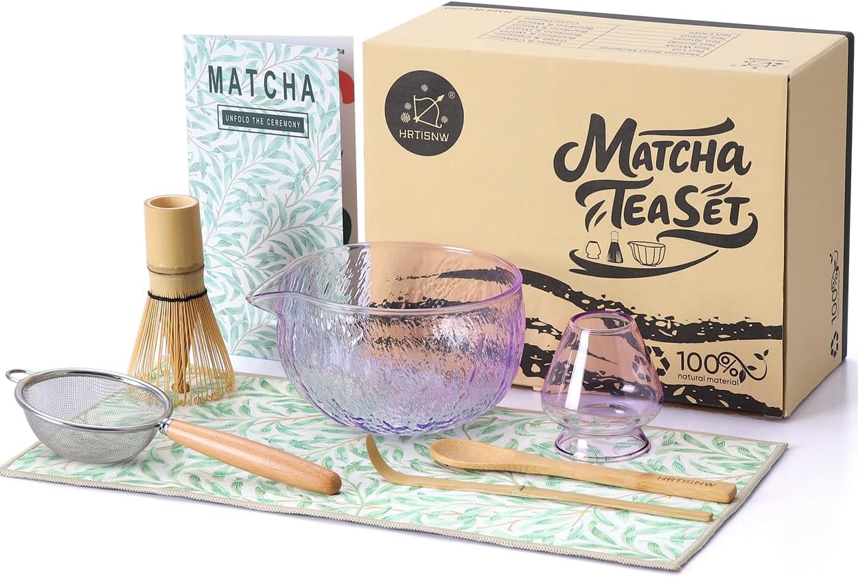 Matcha Whisk Set, 7 Pcs, Matcha Kit Includes Matcha Bowl, Matcha Whisk and Holder, Bamboo Scoop, Spoon, Sifter and Tea Towel, Matcha Set, Gift for Matcha Lovers & Beginners (Pink)