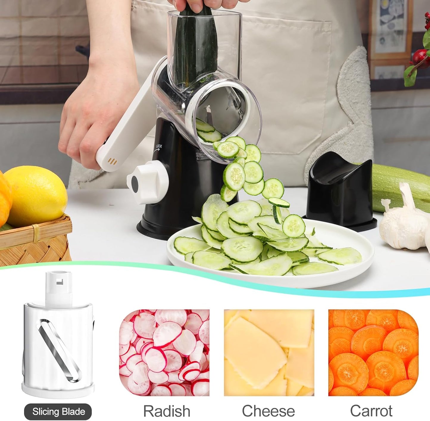Ourokhome Rotary Cheese Grater Hand Crank, Kitchen Shredder Speed Mandolin Slicer Nut Grinder with Handle and Drum Blades for Cheese, Vegetable, Walnut, Chocolate, Potato, Carrot, 3 Blades, Dark Blue