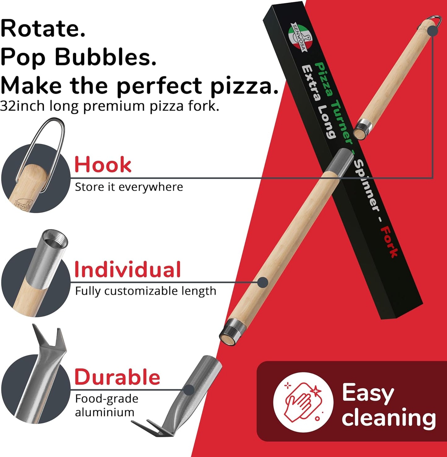 Senwosa Pizza Turner Fork & Bubble Popper - Easy Pizza Rotation for Evenly Baked Crust - Adjustable Handle [26"-32”]