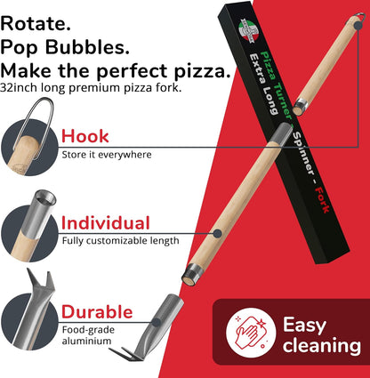 Senwosa Pizza Turner Fork & Bubble Popper - Easy Pizza Rotation for Evenly Baked Crust - Adjustable Handle [26"-32”]