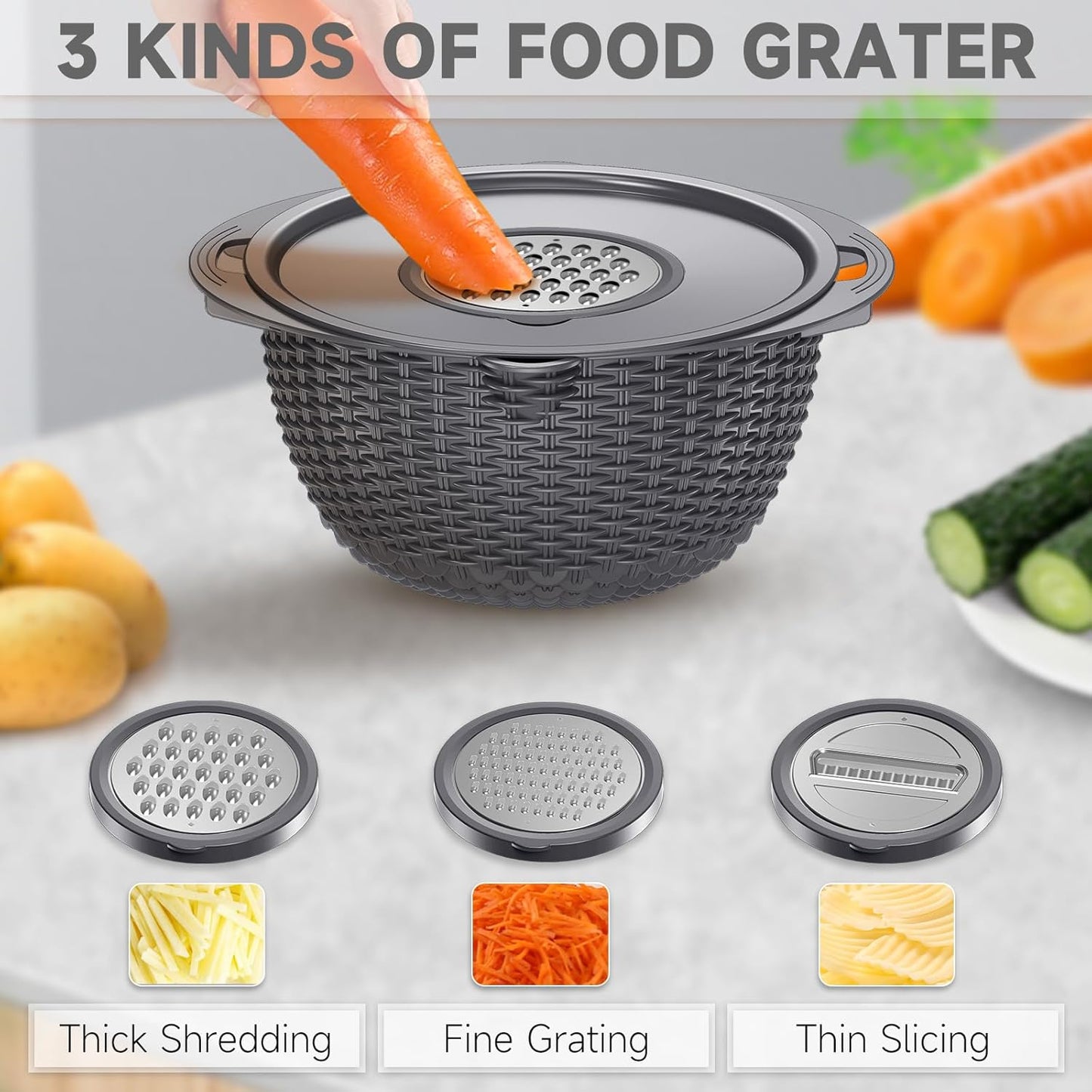 4-1 Colander with Bowl Set - Pasta Strainer - Colander for Kitchen - Strainers and Colanders Rice Strainer Fruit Cleaner Veggie Wash Sink Strainer Kitchen Essentials - Black