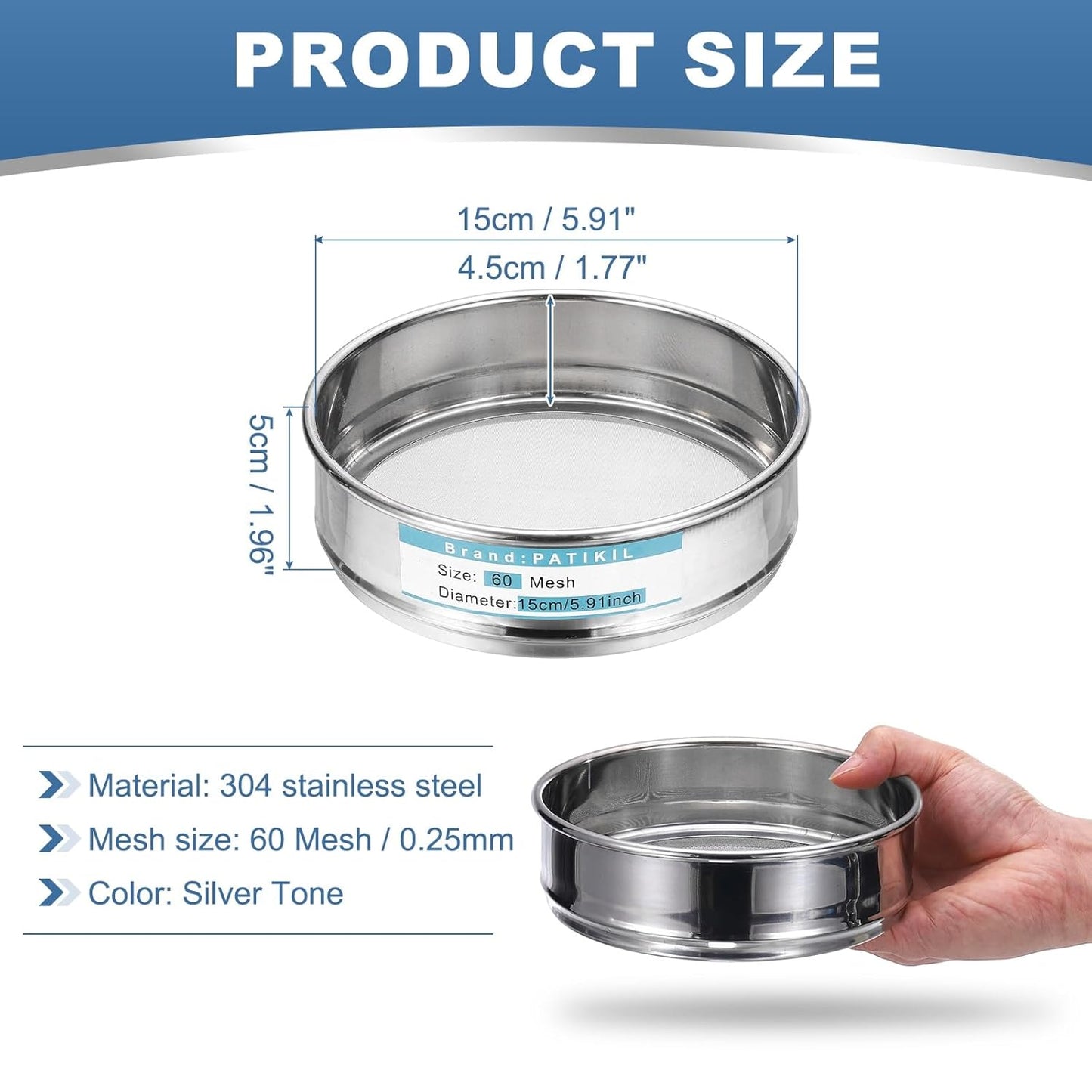 PATIKIL 220 Mesh(0.0385mm) Lab Sieve, 5.9"(15cm) Diameter Sifting Screen 304 Stainless Steel Wire Cloth Fine Mesh Sieve for Industrial Laboratory Home Soil Sifter Dry Sift Screens Hash - Colors B