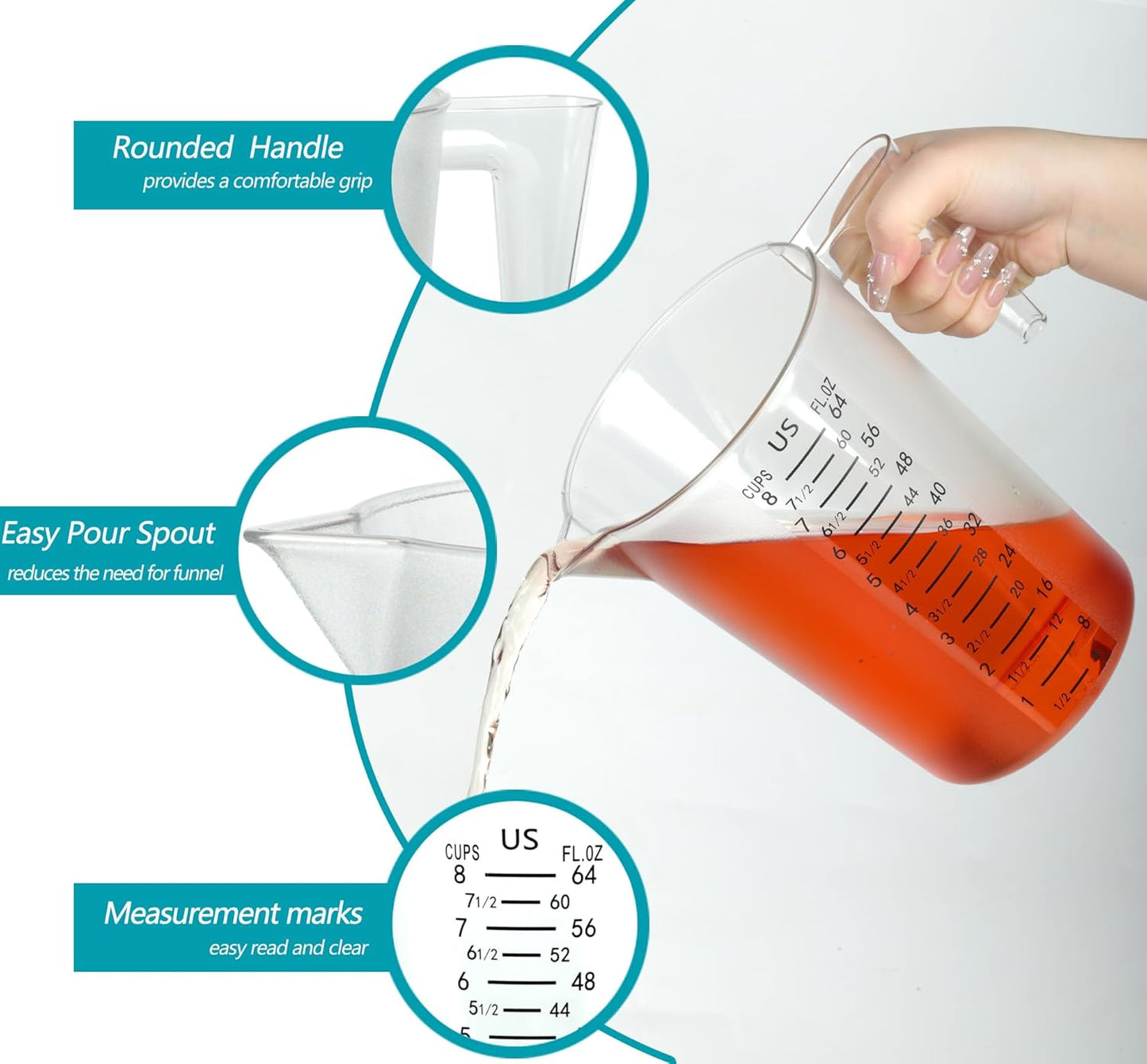 4 Cup/32 Oz Measuring Cups, Clear, Strong Food Grade Liquid Measure Pitcher, for Home Hobbies/Professional Kitchen