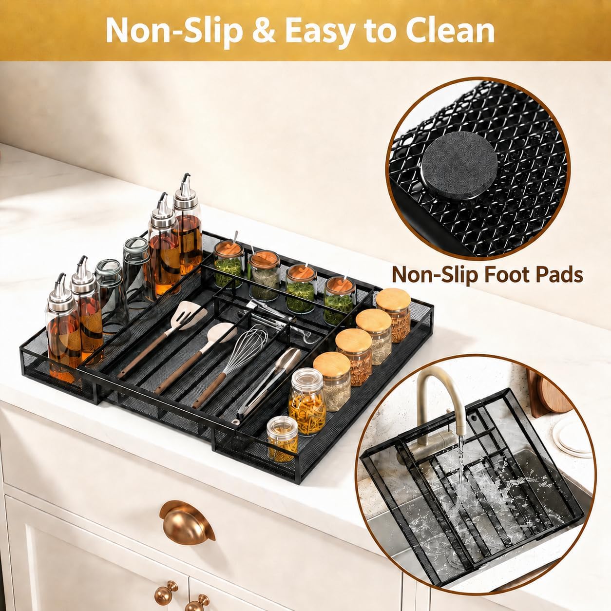 Sedegn Silverware Organizer Metal Mesh, Large Drawer Organizer, Utensil Cutlery Tray for kitchen drawers, Flatware Organizer with 6 Compartment, Black (11.3”*16“)