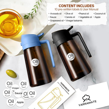 YARRAMATE 16oz/470ml Light Blocking Oil Sprayer for Cooking with Stickers, Food-Grade 2 in 1 Olive Oil Dispenser Bottle for Kitchen, Premium Dark Amber Glass Oil Bottle for Air Fryer, BBQ (Black)