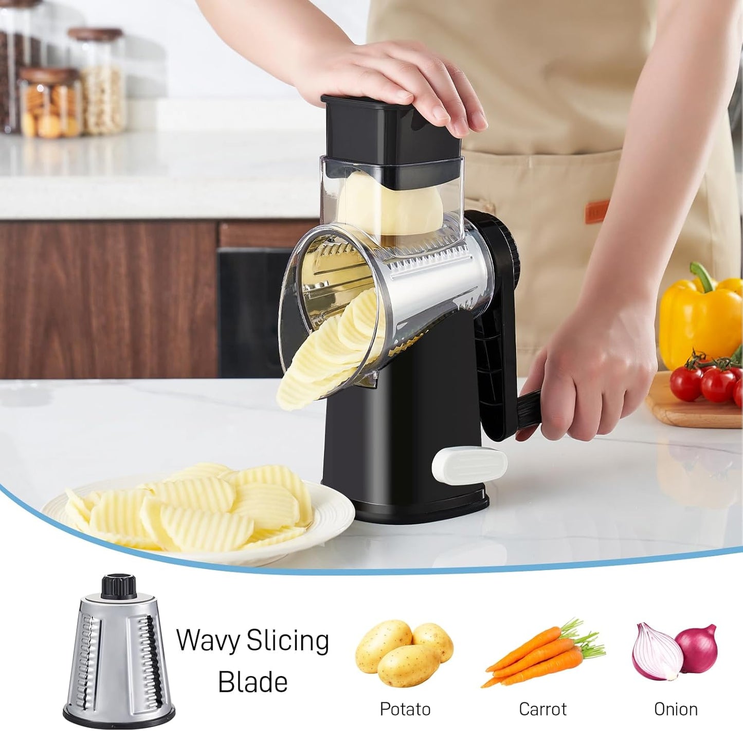 VEKAYA Rotary Cheese Grater Hand Crank with 4 Interchangeable Stainless Steel Blades, Large Manual Handle Shredder and Waffle Slicer for Vegetables, Cheese and Nuts with Table Suction Base(Blue)