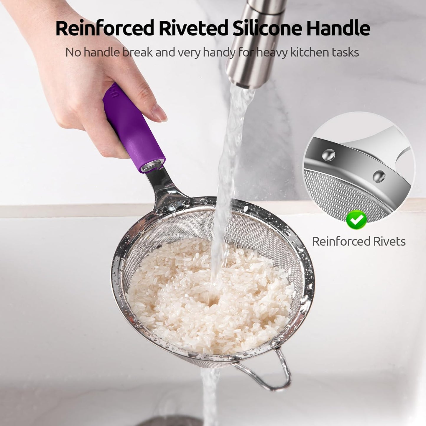 U-Taste Medium Fine Mesh Strainer: 18/8 Stainless Steel 4.73in 30 Mesh Kitchen Food Sieve with Sturdy Riveted Silicone Handle, Heavy Duty Deep Handheld Metal Colander for Rice, Quinoa, Flour (Black)