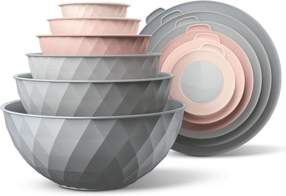 COOK WITH COLOR Mixing Bowls with Lids - 12 Piece Plastic Nesting Bowls Set includes 6 Prep Bowls and 6 Lids, Microwave Safe Mixing Bowl Set, Sage Embossed - Colors B