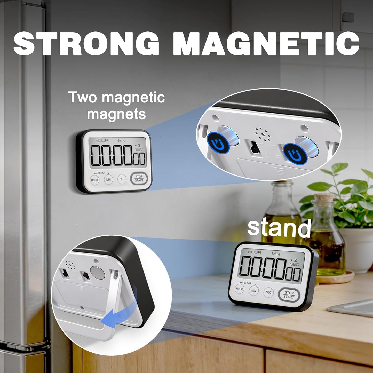 Digital Kitchen Timer Magnetic Loud Alarm, Large LCD Screen Silent/Beeping Multi-Function for Teachers Classroom Kids, Black