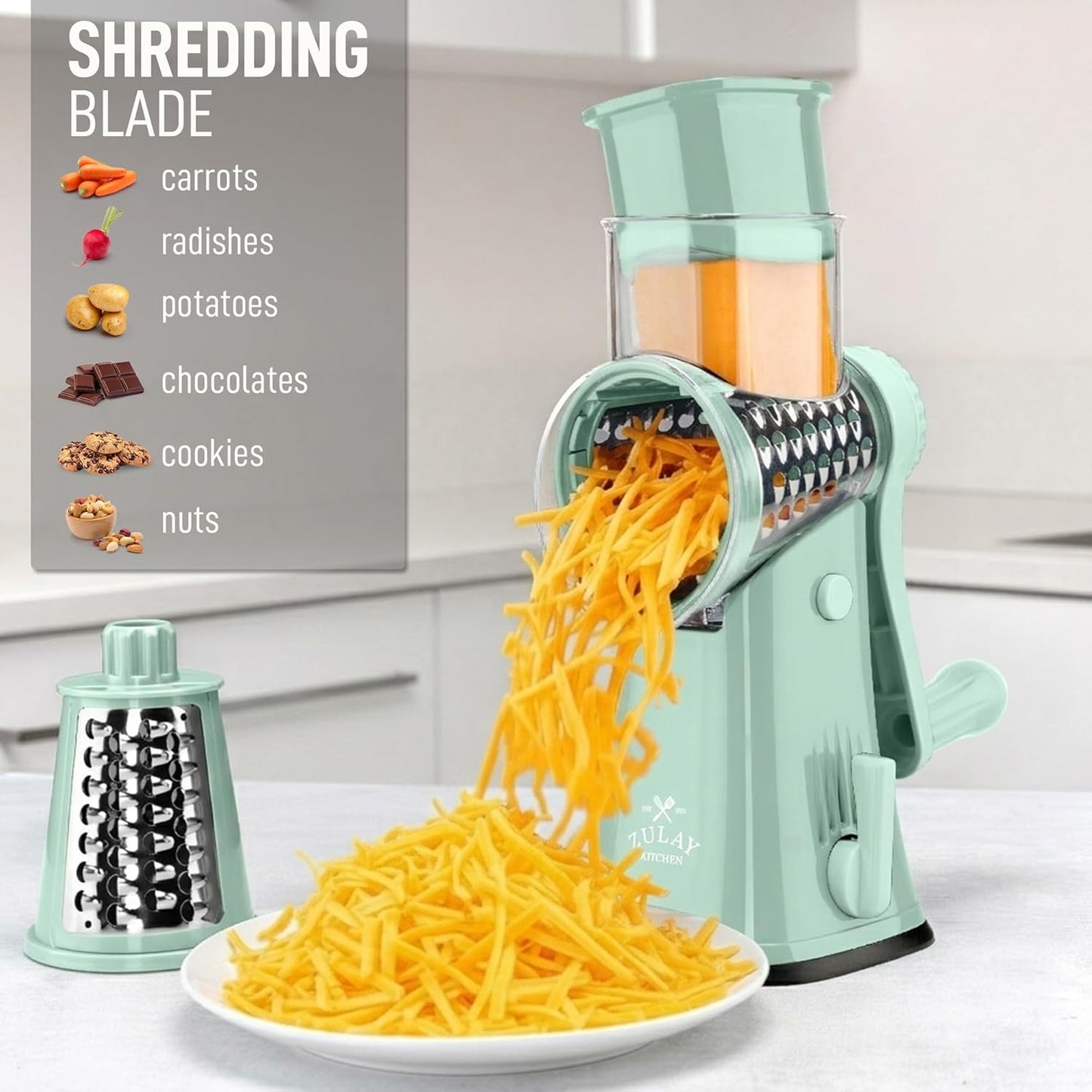 Zulay Kitchen Rotary Cheese Grater 5 Blade Cheese Shredder - Manual Hand Crank Cheese Grater With Reinforced Suction & 5 Interchangeable Drums - Easy to Use, Vegetable Chopper Round Mandoline Slicer - Colors B