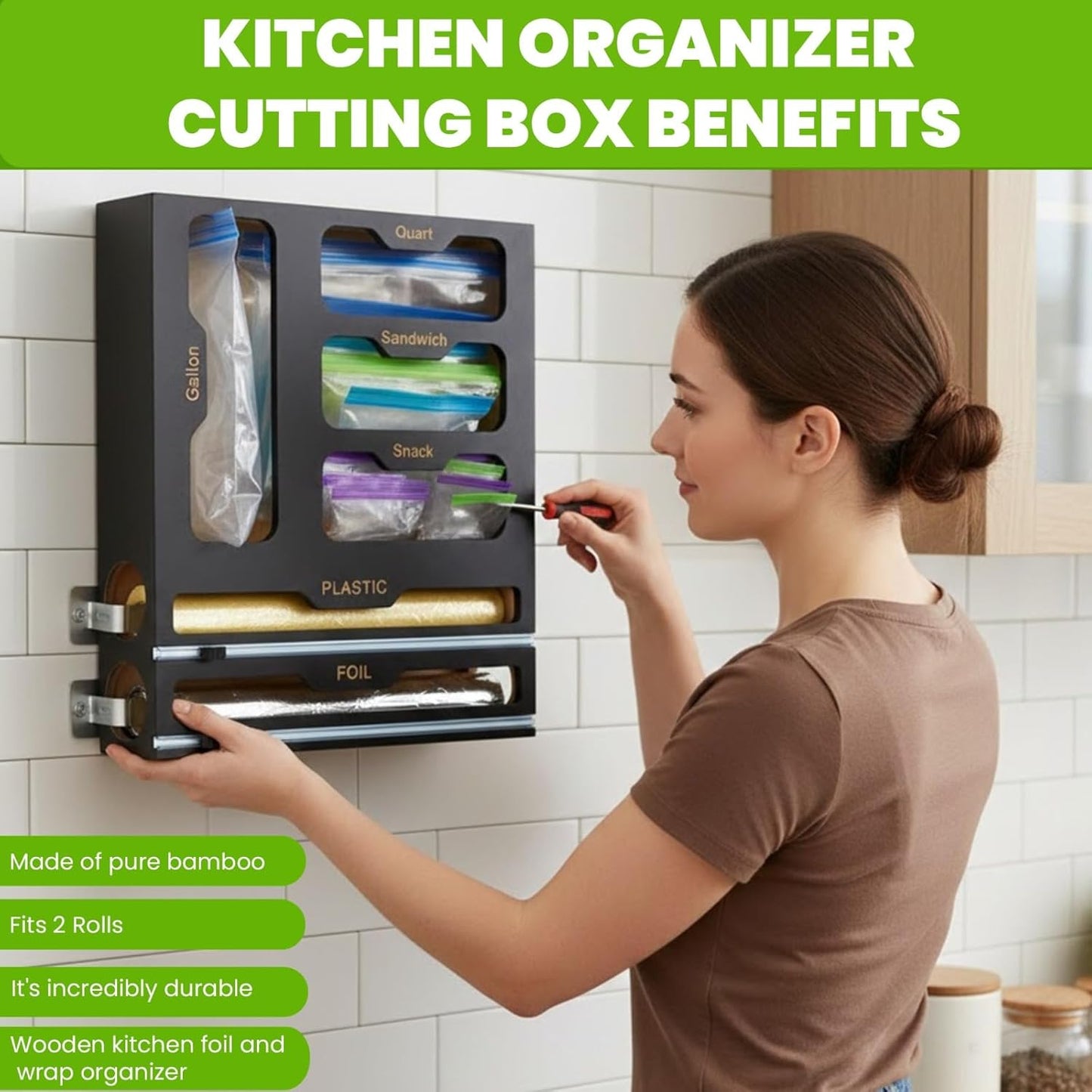 6-in-1 Ziplock Bag Organizer & Plastic Wrap Dispenser with Cutter, Kitchen Drawer Organizer for Food Storage Bags, Foil, Plastic Wrap, Parchment Paper Bamboo Bag Organizer