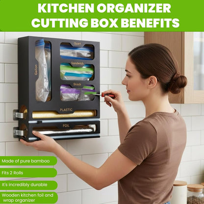 6-in-1 Ziplock Bag Organizer & Plastic Wrap Dispenser with Cutter, Kitchen Drawer Organizer for Food Storage Bags, Foil, Plastic Wrap, Parchment Paper Bamboo Bag Organizer