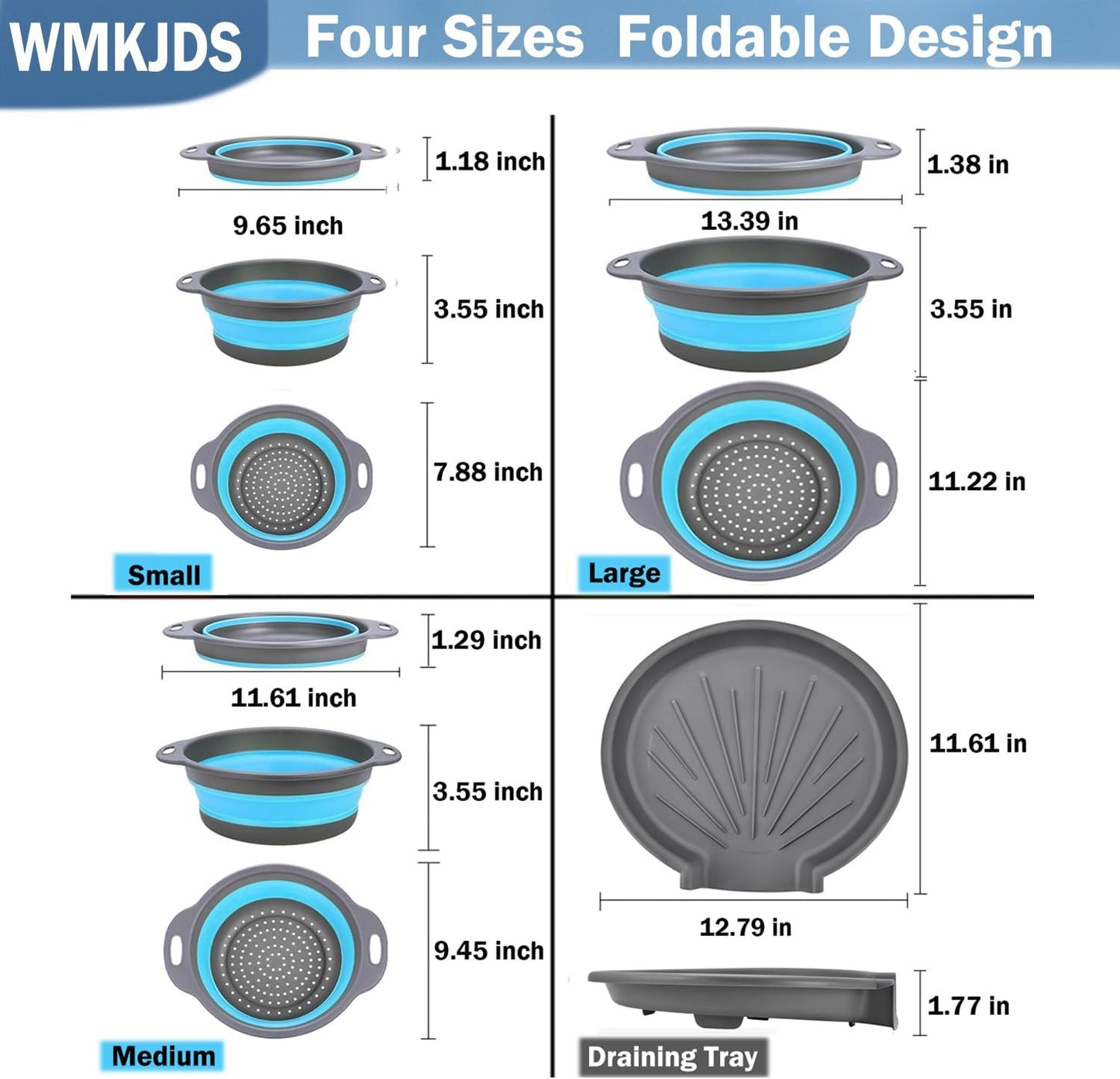 Collapsible Colanders Food Strainers, 3-Pack Foldable Kitchen Strainers with Over-Sink Water Draining Tray, Space Saving Kitchen Drainer for Vegetables, Fruit, Pasta and Rice (White-Gray)