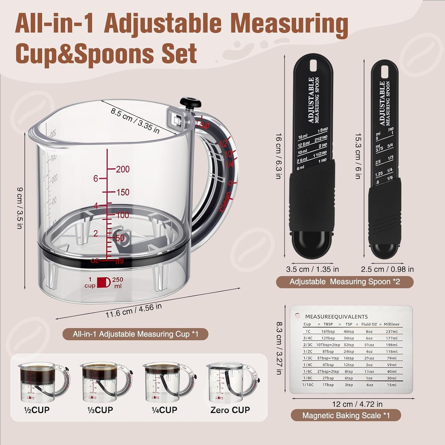 4 In1 Adjustable Measuring Cup Set Multi with Scraper Style Seal Base Adjustable Measuring Spoon Measurement Conversion Chart Space Saving Easy to Clean for Baking Cooking