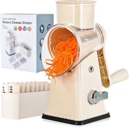 Xilrvna RotaryCheeseGrater,VegetableShredder 5 in 1 Cheese GraterwithHandleedderReinforcedSuction,EasytoClean,KitchenChopperforCrushedIce,Fruits and Nuts with Blade StorageCase（light green）
