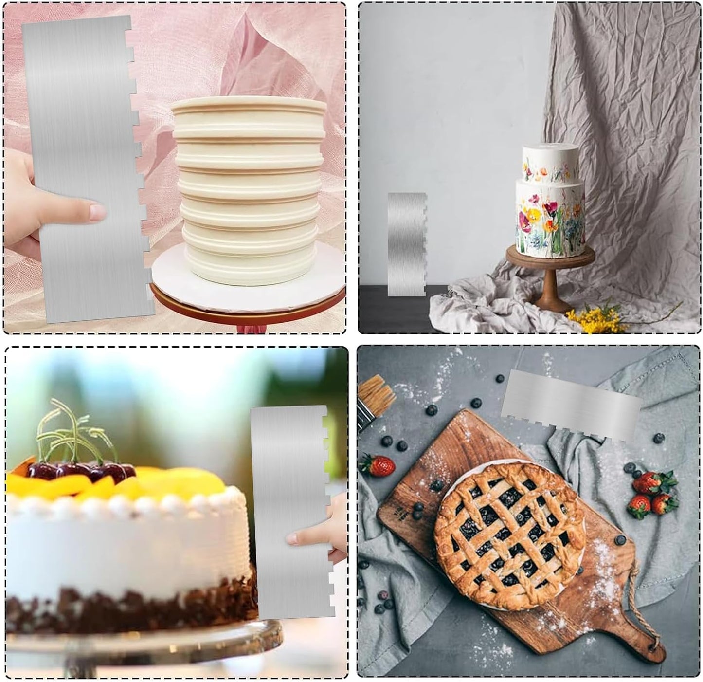 2 Pieces 8.7 Inche Stainless Steel Cake Scraper Double Sided Patterned Edge Stripe Edge Smoother Frosting Scraper Cake Decorating Cake Decorating Comb Cake Scraper For Butter Cream Mousse(2, 2)