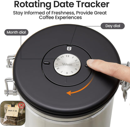 Veken Coffee Canister, Airtight Stainless Steel Kitchen Food Storage Container with Date Tracker and Scoop for Beans, Grounds, Tea, Flour, Cereal, Sugar, Cookie, 16OZ, Cream
