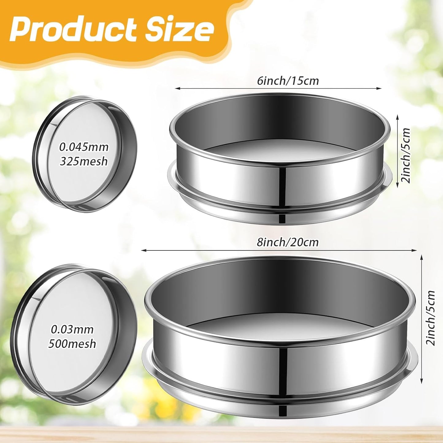 2 Pcs 325/500 Mesh Lab Sieve 325 (0.045mm) /500 (0.03mm) Aperture Stainless Steel Test Sieve, 6''/8'' Diameter Economy Standard Analysis Sample Test for Lab Industrial Home