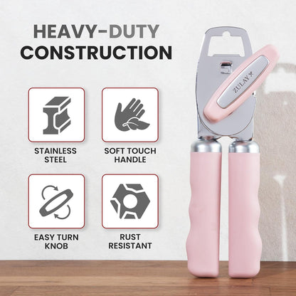 Zulay Kitchen Heavy Duty Stainless Steel Can Opener Manual with Bottle Opener - Rust Proof Manual Can Opener With Turn Knob & Comfy Soft Grip Handles - Black