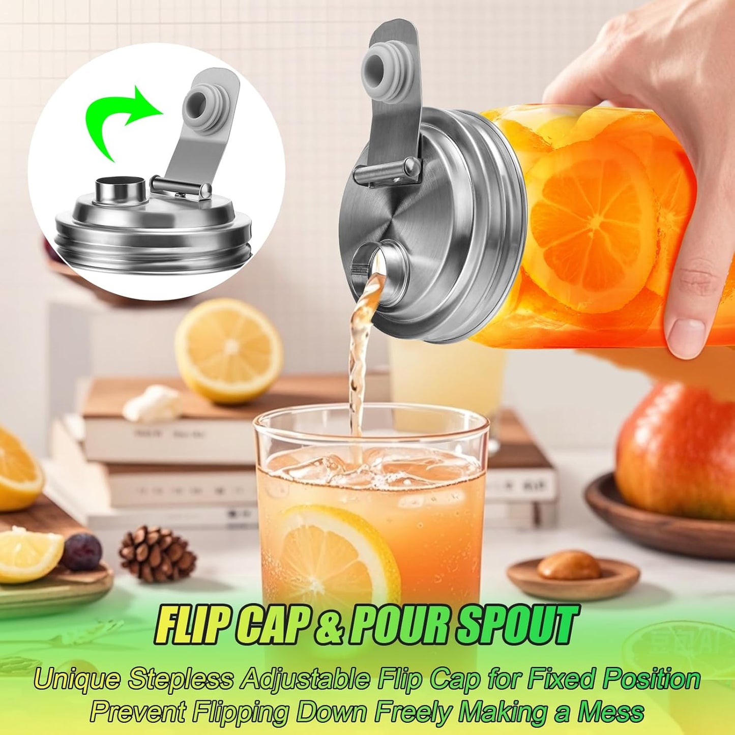 Mason Jar Pour Spout Lid Stainless Steel with Handle, Wide Mouth Pour Spout Flip Cap Lids for Mason Jars, Anticracking Leak Proof Seal Cover Airtight for Drinking Salad Dressing & Food Storing(2PCS)