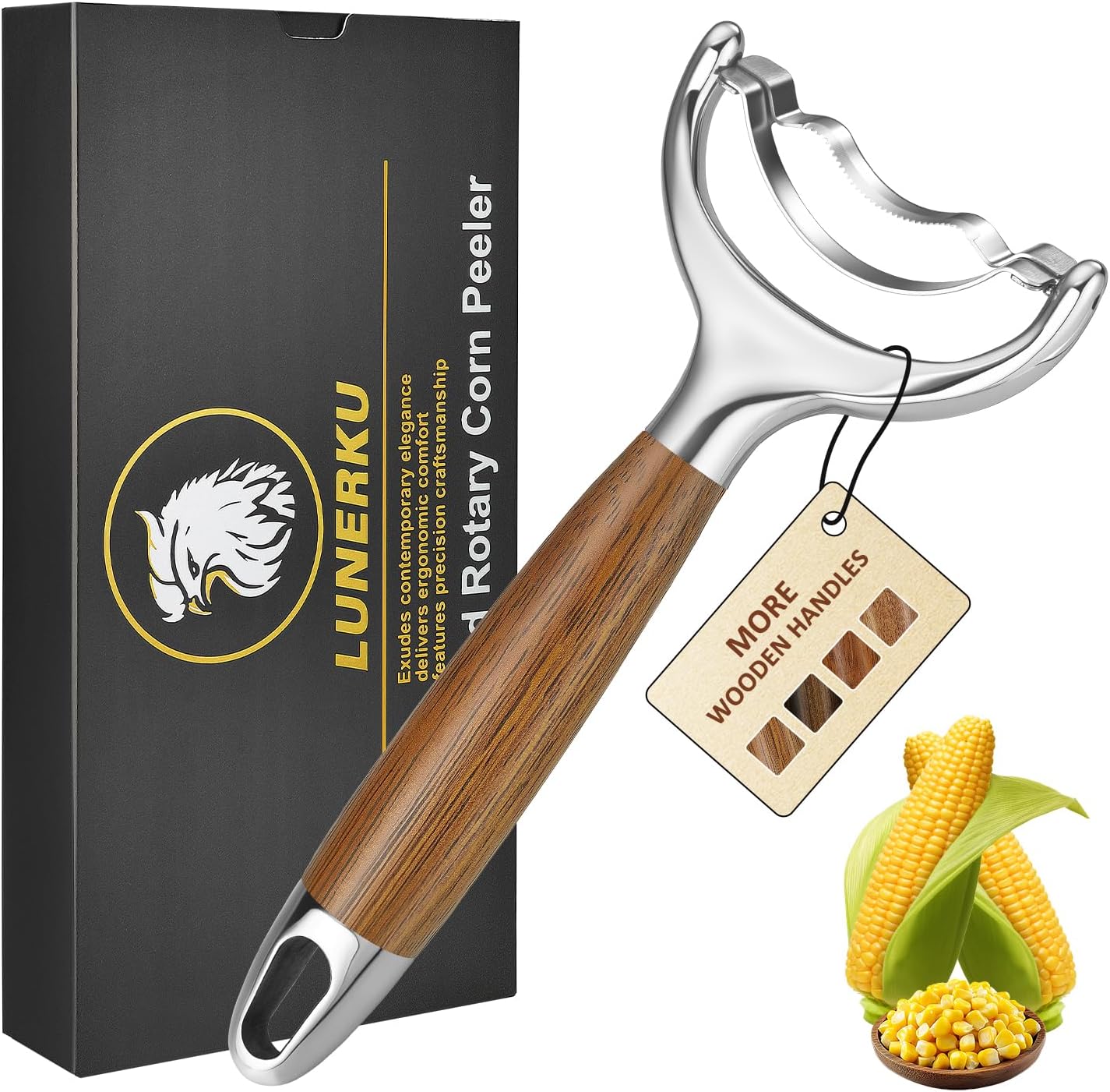 Stainless Steel Corn Peeler, Durable Corn on the Cob Stripper Tool with Solid Wood Good Grip Handle for Salad Polenta Pizza Popcorn Cooking Gifts for Woman Her Mom Birthday (Exotic Ebony)