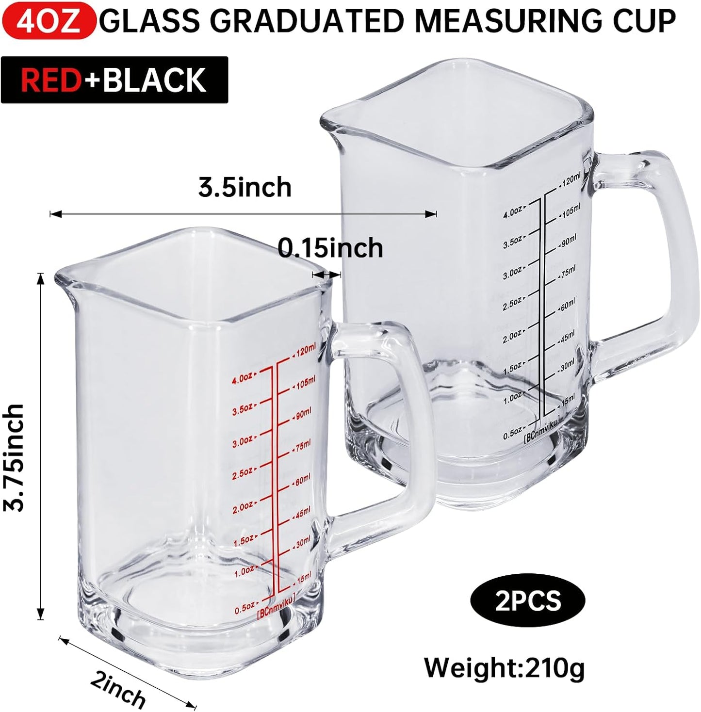1Pc Shot Glass Measuring Cup, 4 OZ Espresso Shot Cups with Handle and V-Shaped Spout, Small Glass Measuring Cup with Thick Bottom for Baking Cocktail and Coffee (1, Red)