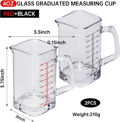 1Pc Shot Glass Measuring Cup, 4 OZ Espresso Shot Cups with Handle and V-Shaped Spout, Small Glass Measuring Cup with Thick Bottom for Baking Cocktail and Coffee (1, Red)