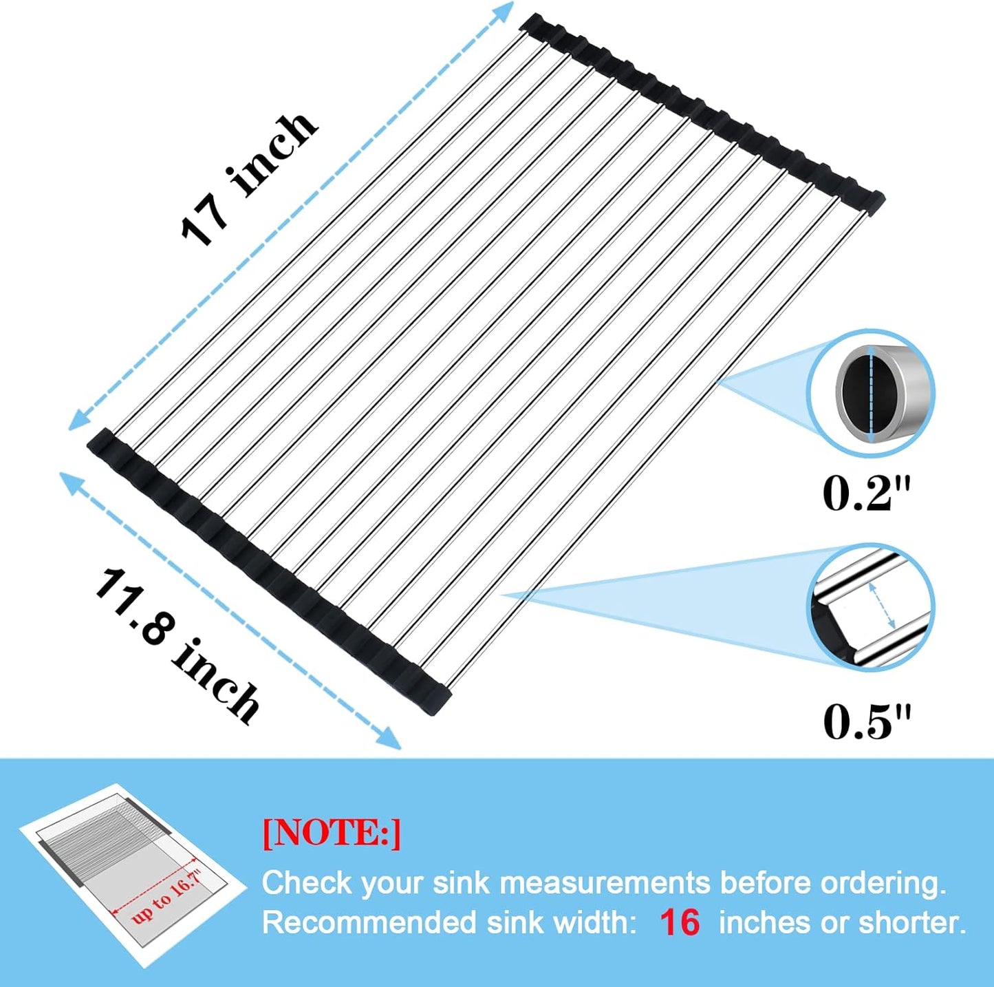 Seropy Roll Up Dish Drying Rack Over The Sink for Kitchen Sink Drying Rack Folding Dish Drainer Mat Rolling Dish Rack Sink Rack Stainless Steel Kitchen Dry Rack Black 17.5x15.7 Inch