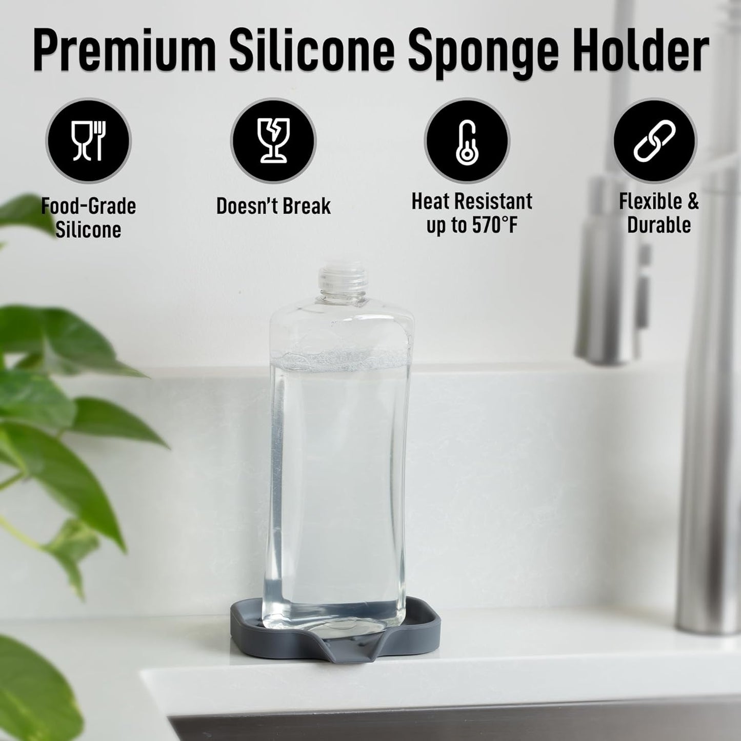 Zulay Kitchen (9x3.5in Sponge Holder for Kitchen Sink - Flexible Heavy-duty Multipurpose Sink Caddy - Counter Organizer for Kitchen, Bathroom, Makeup, Trinkets & More! (Grey)