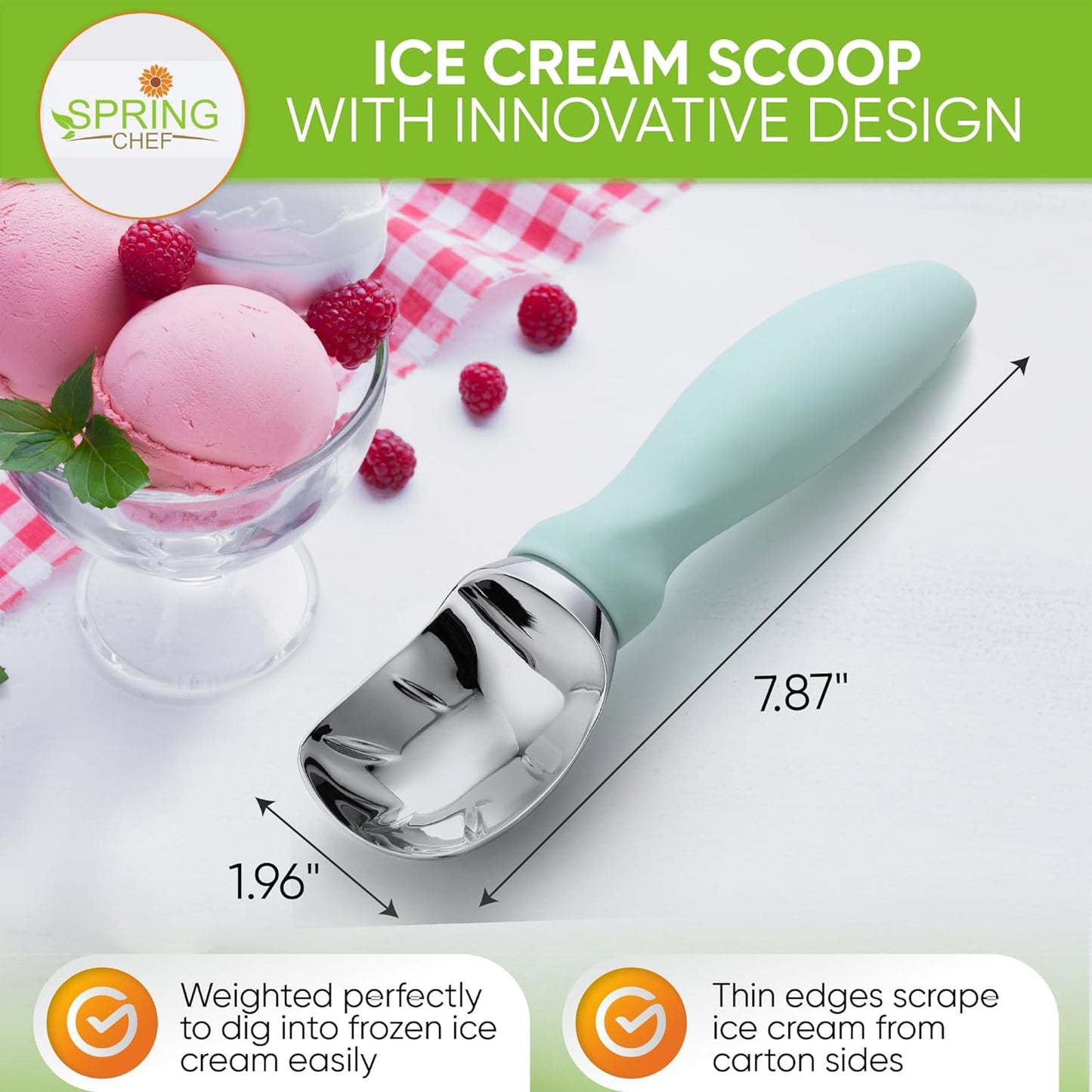 Spring Chef Heavy Duty Ice Cream Scoop with Comfortable Handle - Professional Ice Cream Scooper for Gelato, Sorbet, Cookie Dough, Melon, Frozen Yogurt - Dishwasher Safe Metal Kitchen Tool - Black