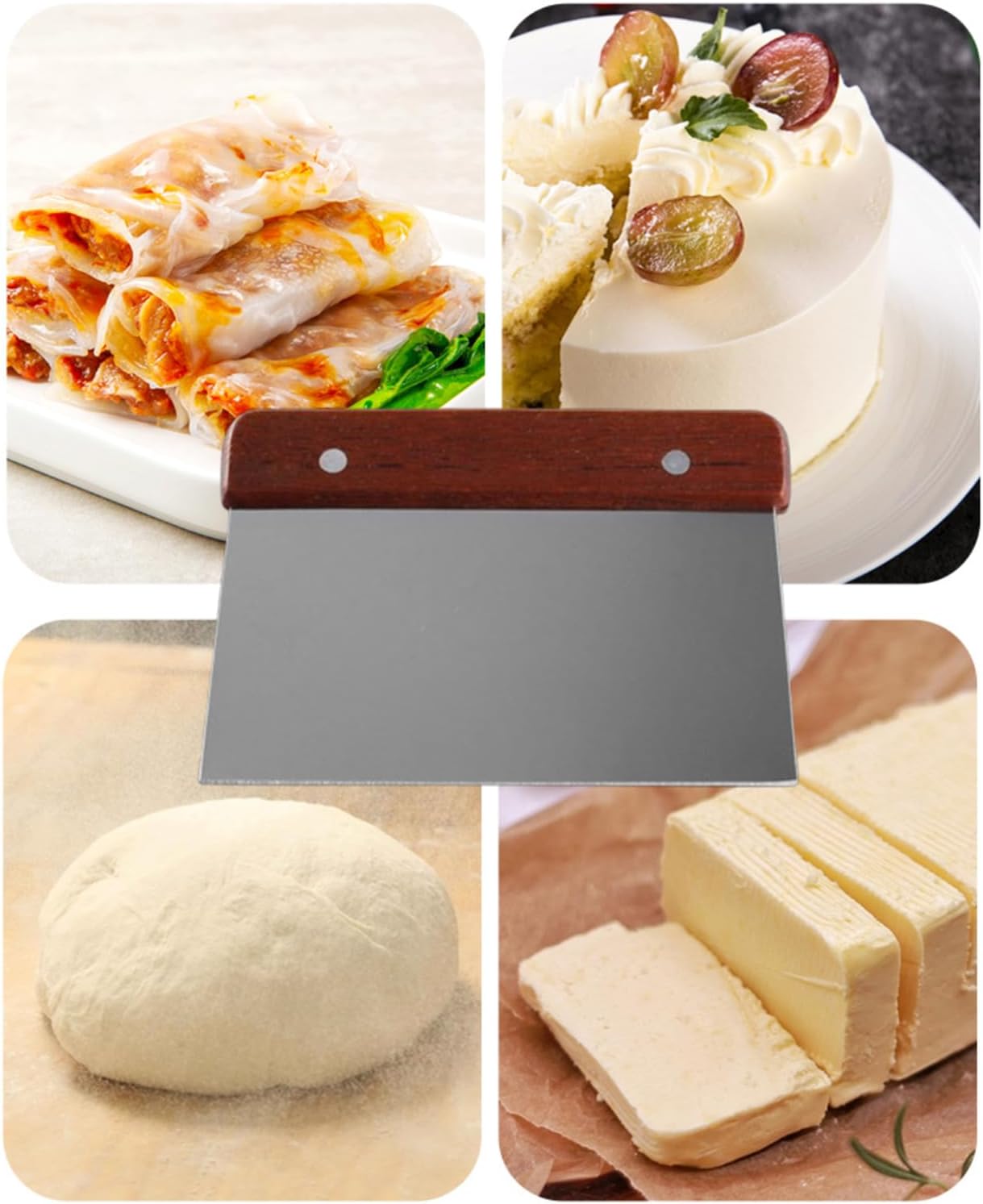 2 Pcs Bench Scraper Knife & Dough Scraper, Stainless Steel Food Cutter with Ergonomic Wood Handle, for Kitchen Baking, Cooking, Bread, Pizza & Cake