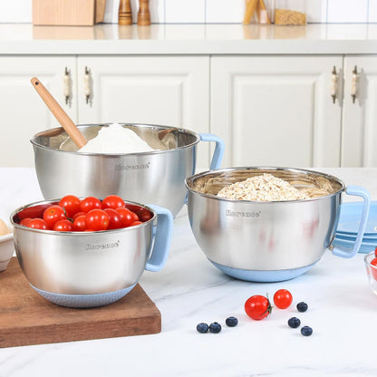 Rorence Stainless Steel Non-Slip Mixing Bowls With Pour Spout, Handle and Lid, Set of 3, Black