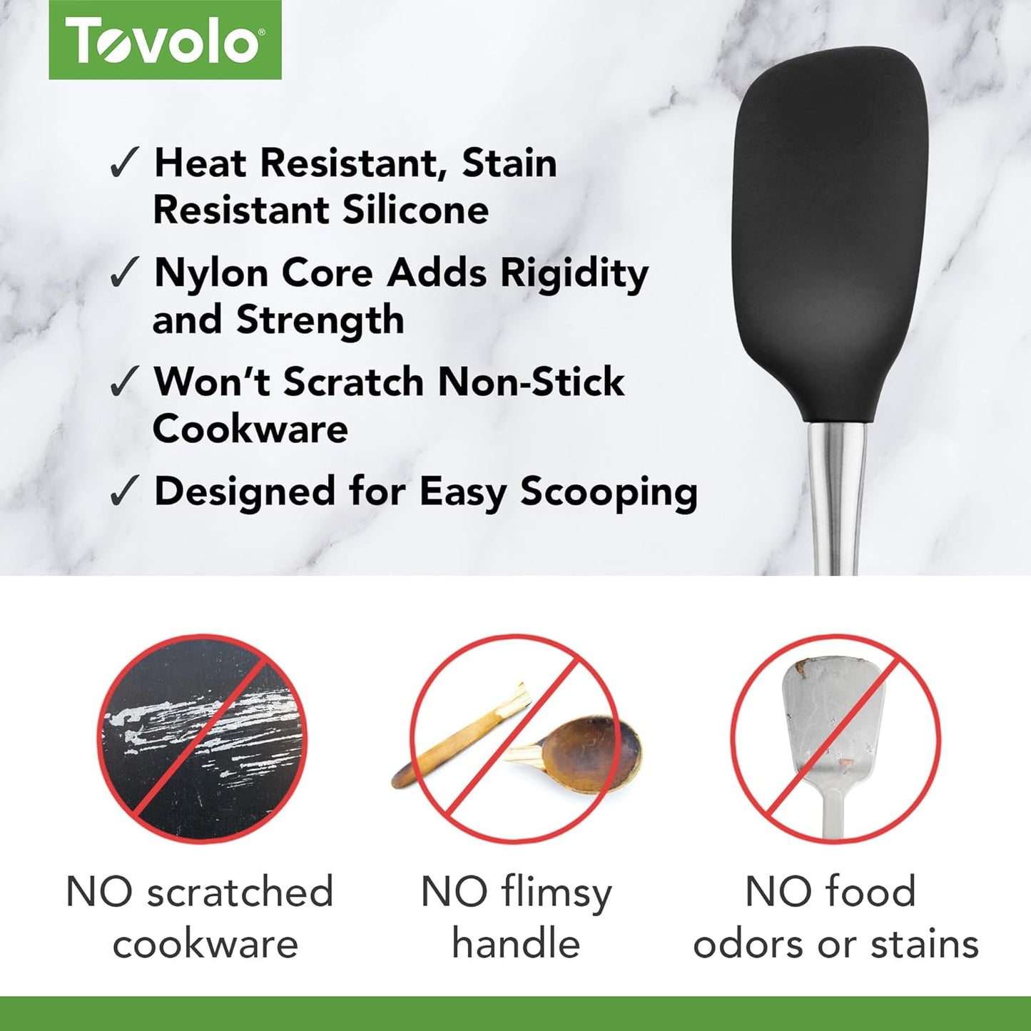 Tovolo Flex Core Silicone Spatula Spoonula Set of 2 for Non Stick Cast Iron Cooking & Baking, Dishwasher Safe Heat Resistant BPA Free Long Stainless Steel Handle Kitchen Utensil, Charcoal Gray