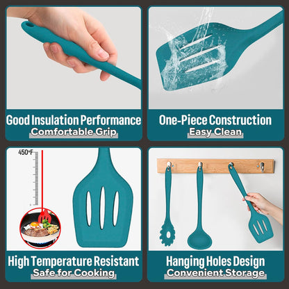 E-far Silicone Cooking Utensils Set, 7-Piece Black Heat Resistant Kitchen Utensils Set, Kitchen Nonstick Tools Spatula Ladle Spoon Pasta Server for Non-stick Cookware, Non-Toxic & Dishwasher safe