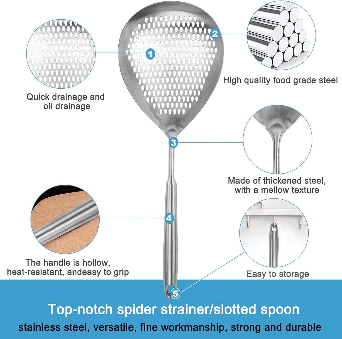 Steel Spider Strainer Skimmer Ladle, Strainer Spider Skimmers for Kitchen Cooking and Frying, Premium Strainer Spoon Diameter: 5.4Inch, Total Length: 15.4Inch
