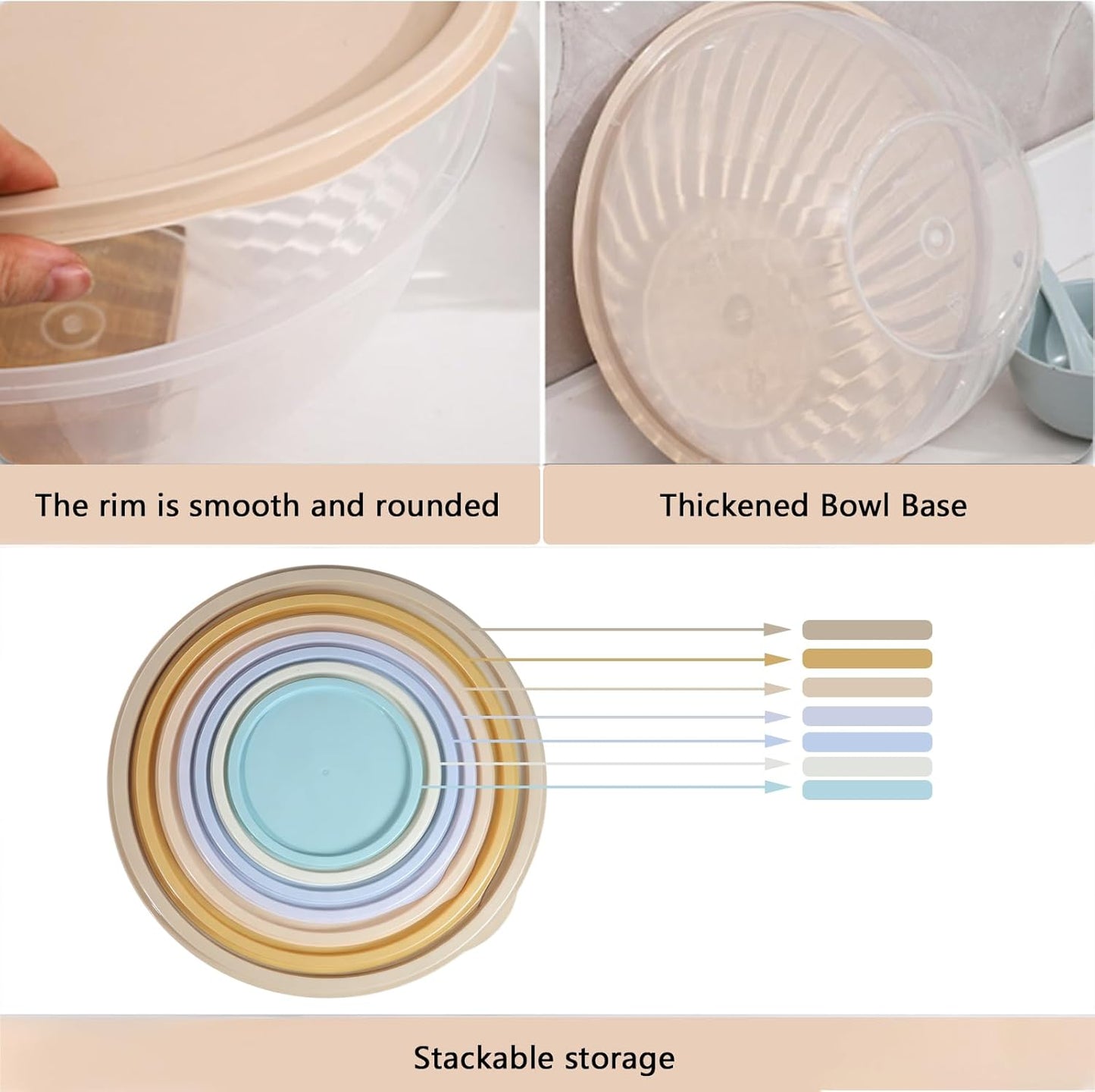 Plastic Mixing Bowls with Lids Set, Multicolor Salad Bowl Set, 7 Pieces Nesting Storage Bowls
