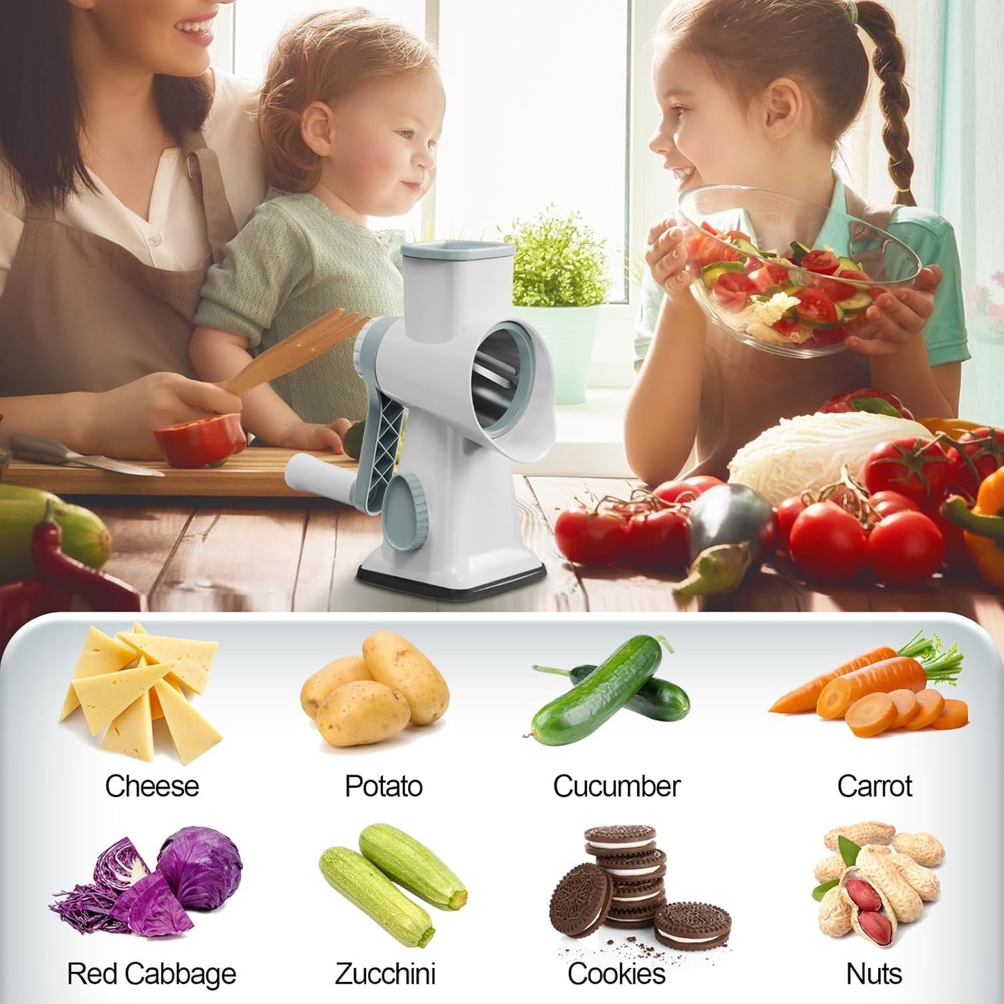 Cheese Grater Cheese Shredder with 3 Interchangeable Blades, Rotary Cheese Grater Manual Vegetable Slicer with Non-slip Suction Base Peanut Nuts Grinder Vegetable Shredder Clear