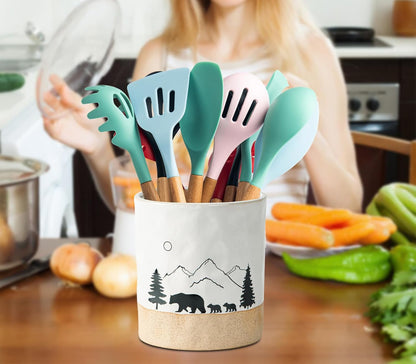 dgudgu Bear Ceramic Kitchen Countertop Utensil Crock White Large Cooking Utensil Holder