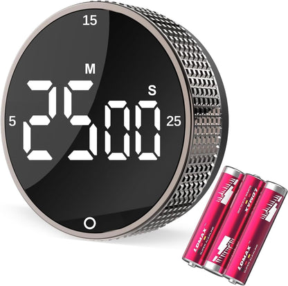 Digital Magnetic Kitchen Timer for Cooking, Large LED Visual Countdown Timer, Rotating Dial Pomodoro Focus Timer, Adjustable Volume, 5/15/25 Min Presets for Kids, Teachers, Seniors