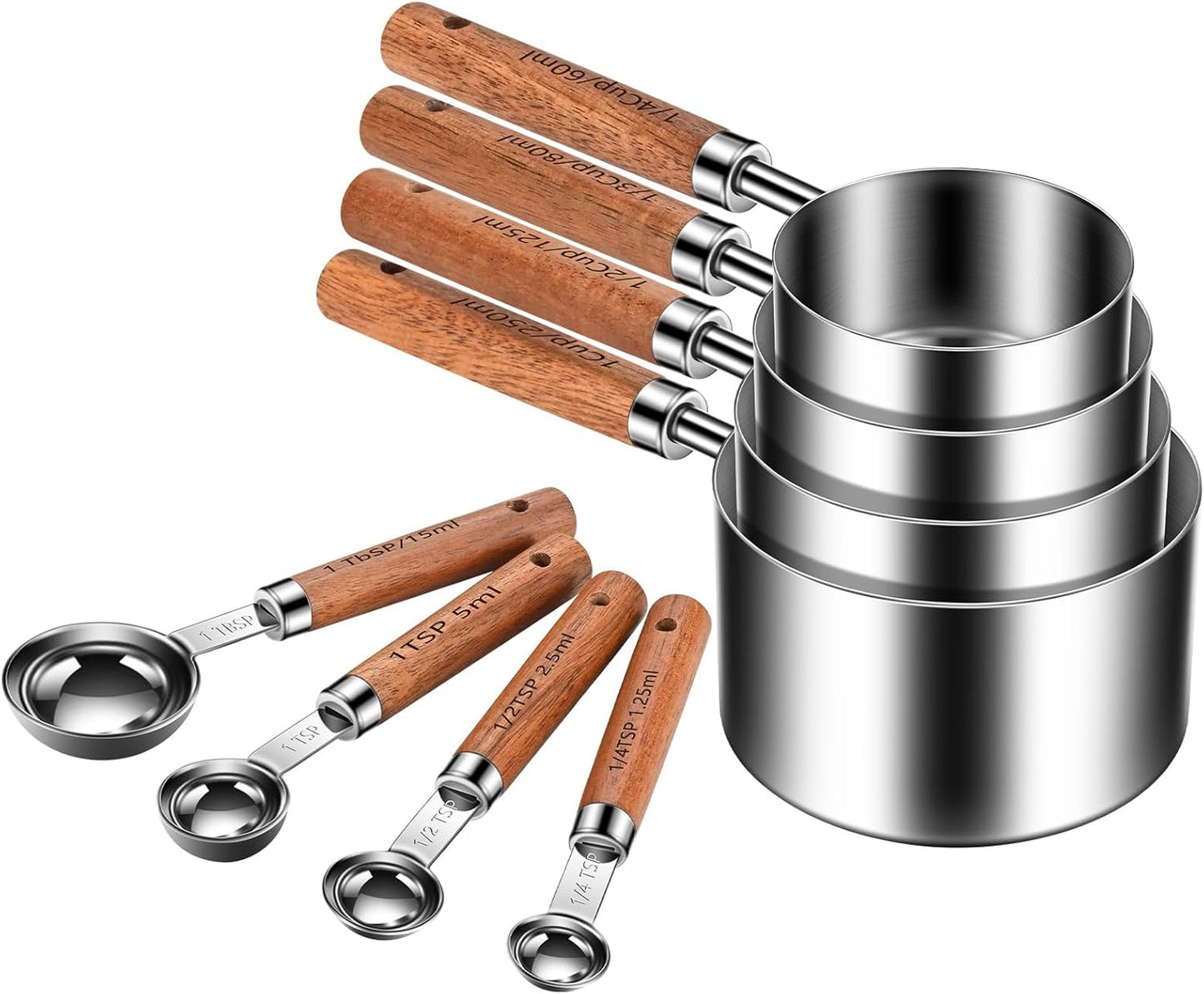 Wooden Handle Measuring Cups & Spoons Set 8-Piece – Stainless Steel, Stackable, Rustic Farmhouse Kitchen Gadgets, Non-Toxic, Dishwasher Safe, Gift for Bakers & New Homeowners