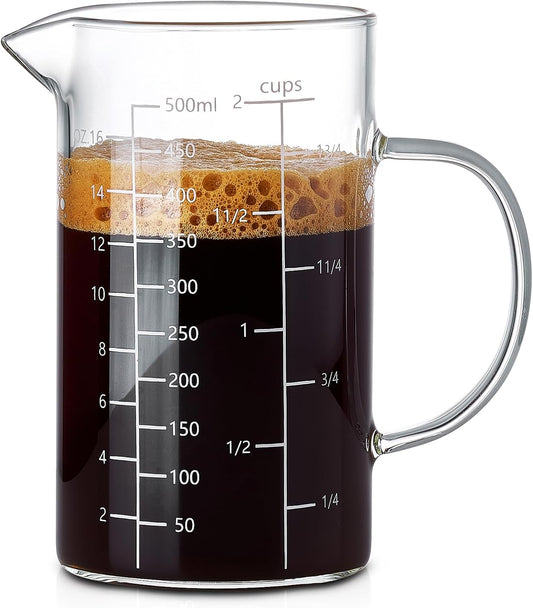 500ML 2 CUP Glass Liquid Measuring Cup With Handle, High Borosilicate Glass Three Scales (OZ, Cup, ML/CC) for Kitchen or Restaurant, V-Shaped Spout Glass Measuring Beaker, Easy To Read