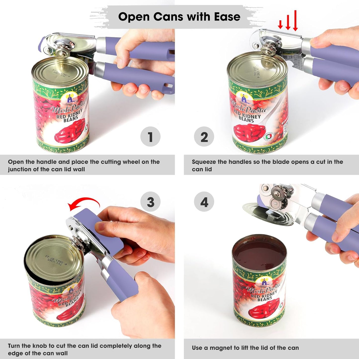 Beneno Heavy Duty Hand Can Opener Manual with Magnet, Durable Sharp Carbon Steel Blade Smooth Cutting, Big Effort-Saving Knob & Soft Grip Handle, Multifunctional Kitchen Tool with Bottle Opener, Green