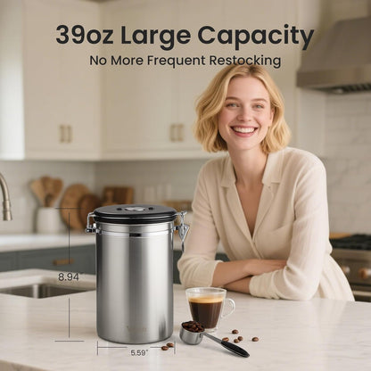 Veken Coffee Canister, Airtight Stainless Steel Kitchen Food Storage Container with Date Tracker and Scoop for Beans, Grounds, Tea, Flour, Cereal, Sugar, Cookie, 16OZ, Cream