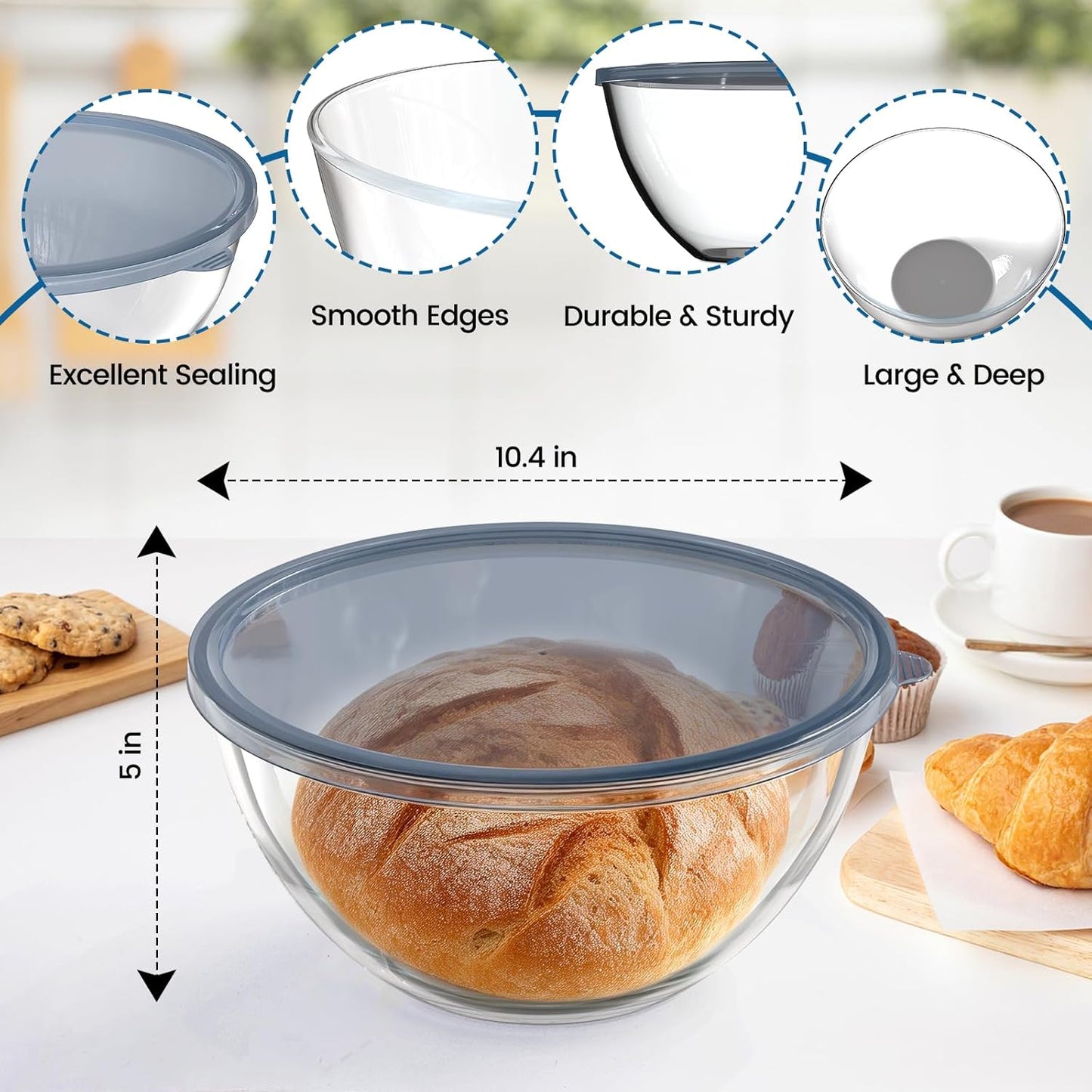 Large Glass Bowl for Sourdough Bread Making, 4.7 Quart Glass Mixing Bowl with Lid, Clear Glass Salad Cooking Bowl Kitchen Bread Salad Storage