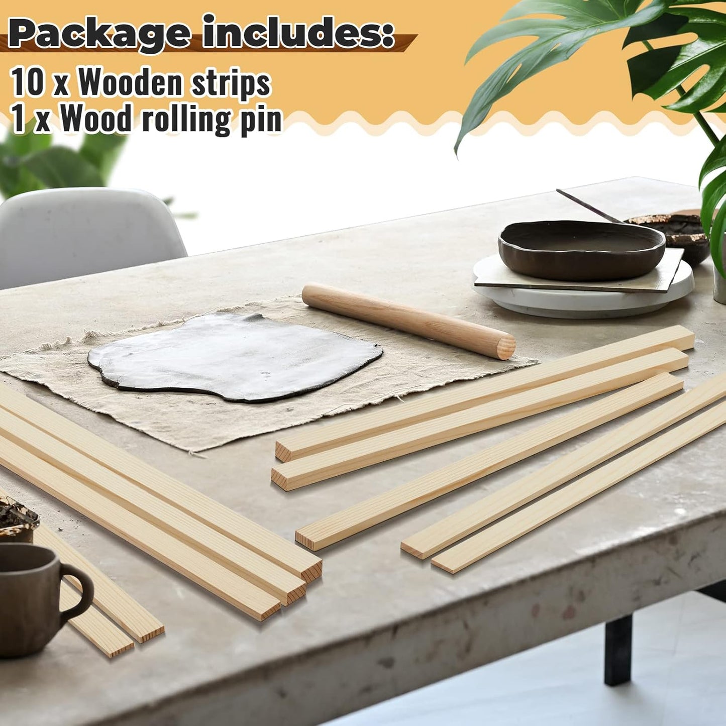 FairySandy 11 Pcs Pottery Teaching Rolling Mud Stick Guide and Wood Rolling Pin Set Include 10 Pcs 15.8 x 0.8 Inches Mudboard Guide and Clay Roller Tools for Manual Self Made Clay Gift Decoration