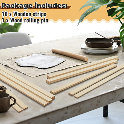 FairySandy 11 Pcs Pottery Teaching Rolling Mud Stick Guide and Wood Rolling Pin Set Include 10 Pcs 15.8 x 0.8 Inches Mudboard Guide and Clay Roller Tools for Manual Self Made Clay Gift Decoration